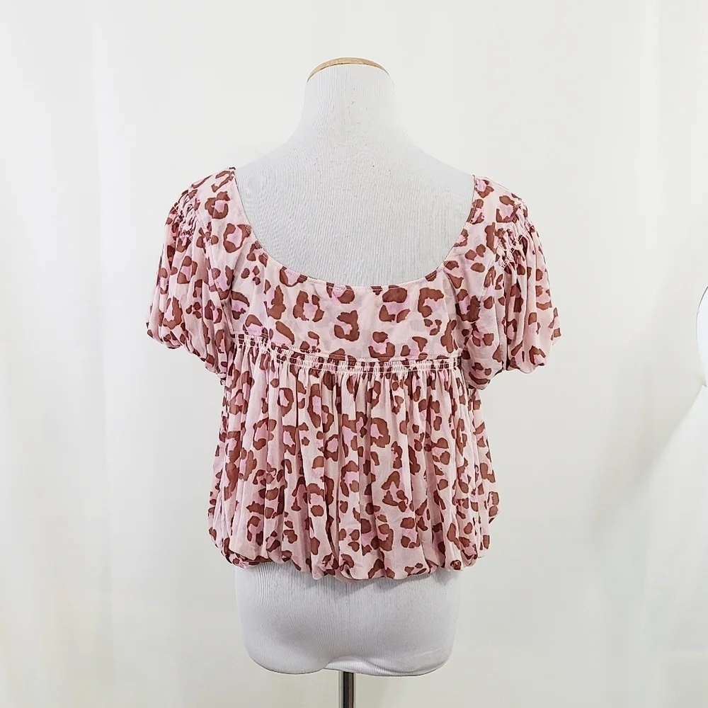 Free People Megs Blouse cheetah print Blush Pink mesh bubble hem size small